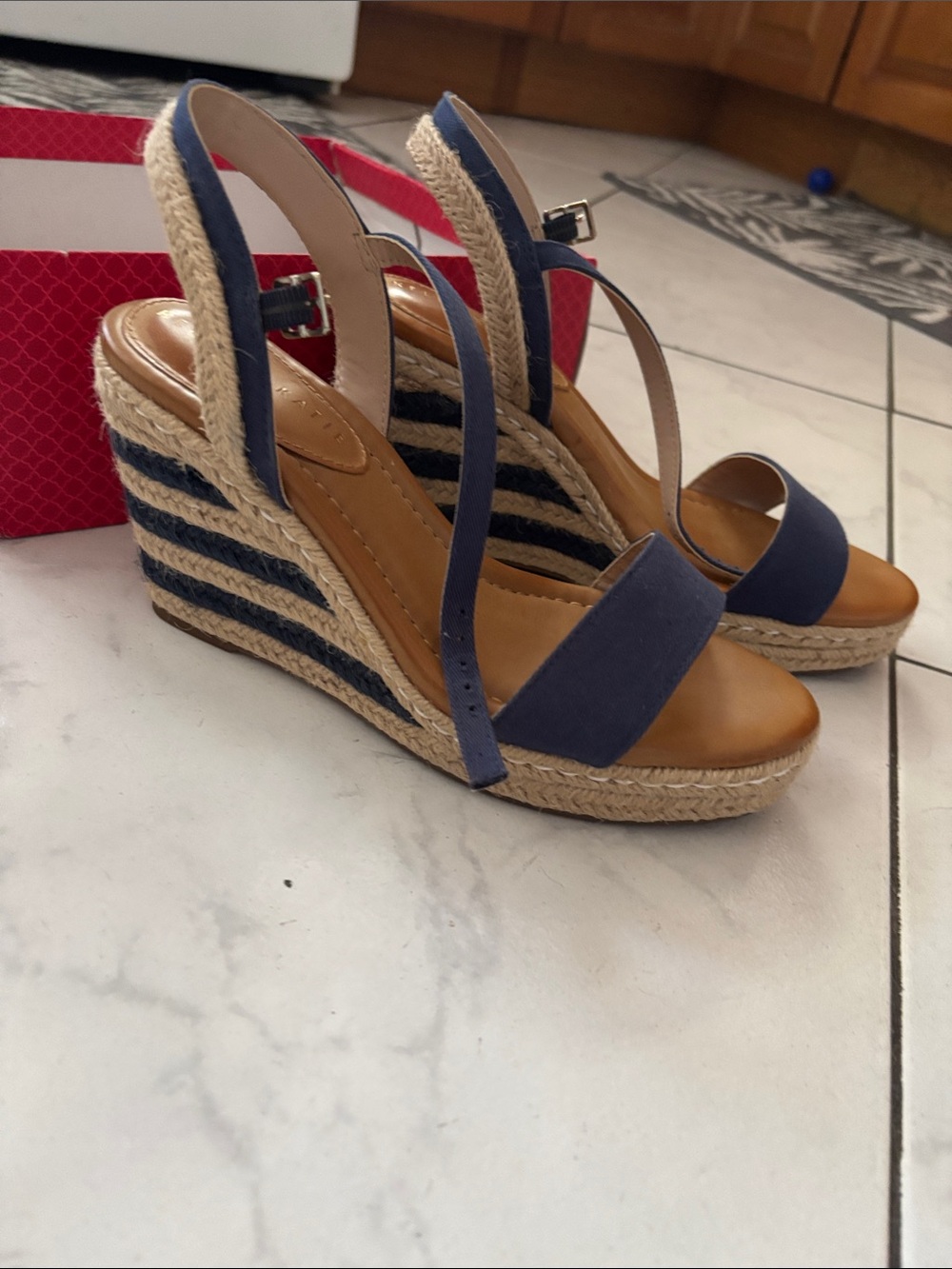 Kelly & Katie Navy and Tan Espadrille Wedge Sandals